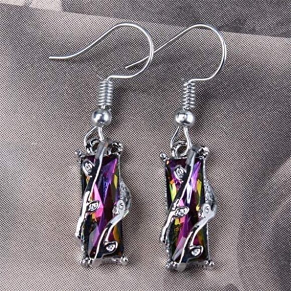 "Colorful Crystal Clear Delicate Silver Plated Colorful Dangle Earrings, VP1008 - Picture 3 of 5